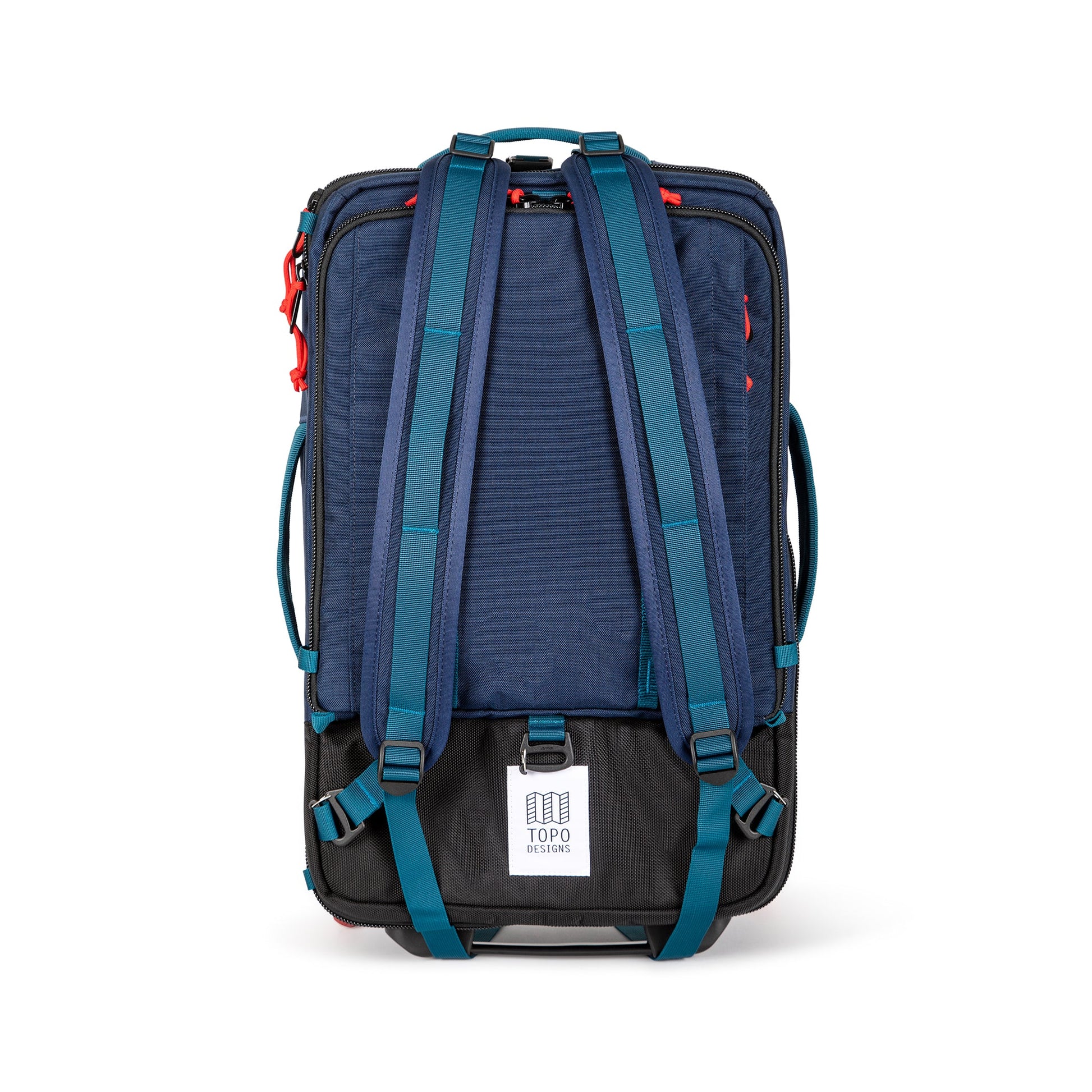 General shot of backpack straps on Topo Designs Global Travel Bag Roller durable carry-on convertible laptop rolling suitcase in Navy blue.