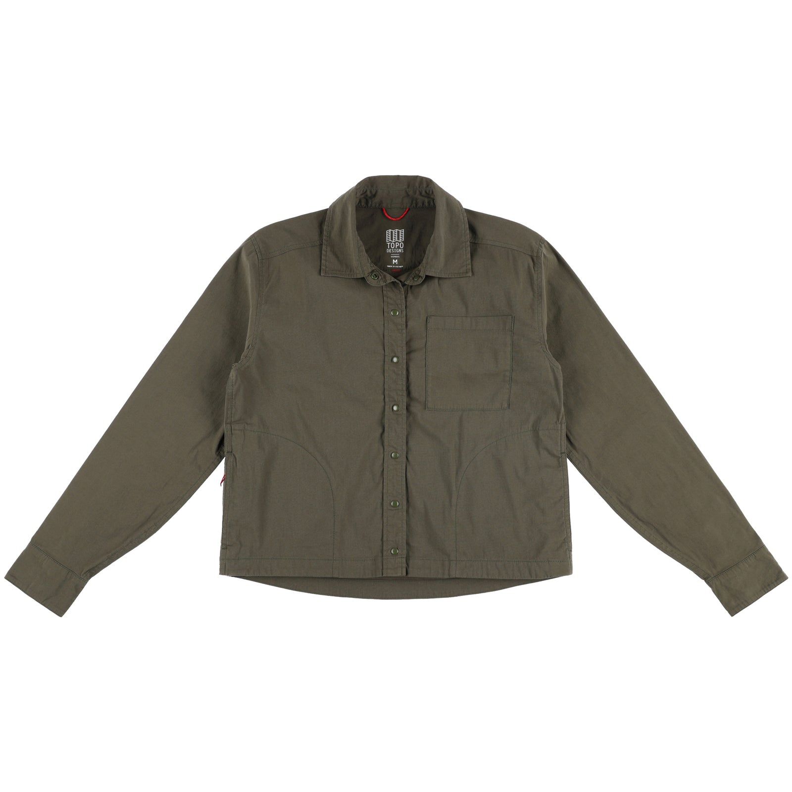 Topo Designs Women's Global long sleeve lightweight snap travel shirt in "Olive" green.