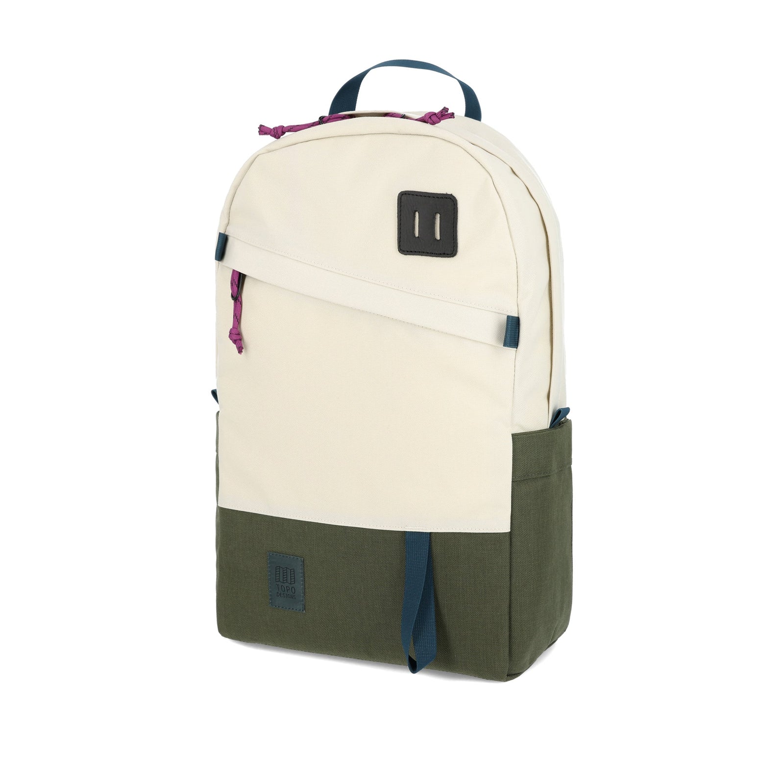 Topo Designs Daypack Classic 100% recycled nylon laptop backpack for work or school in "Bone White / Olive" green