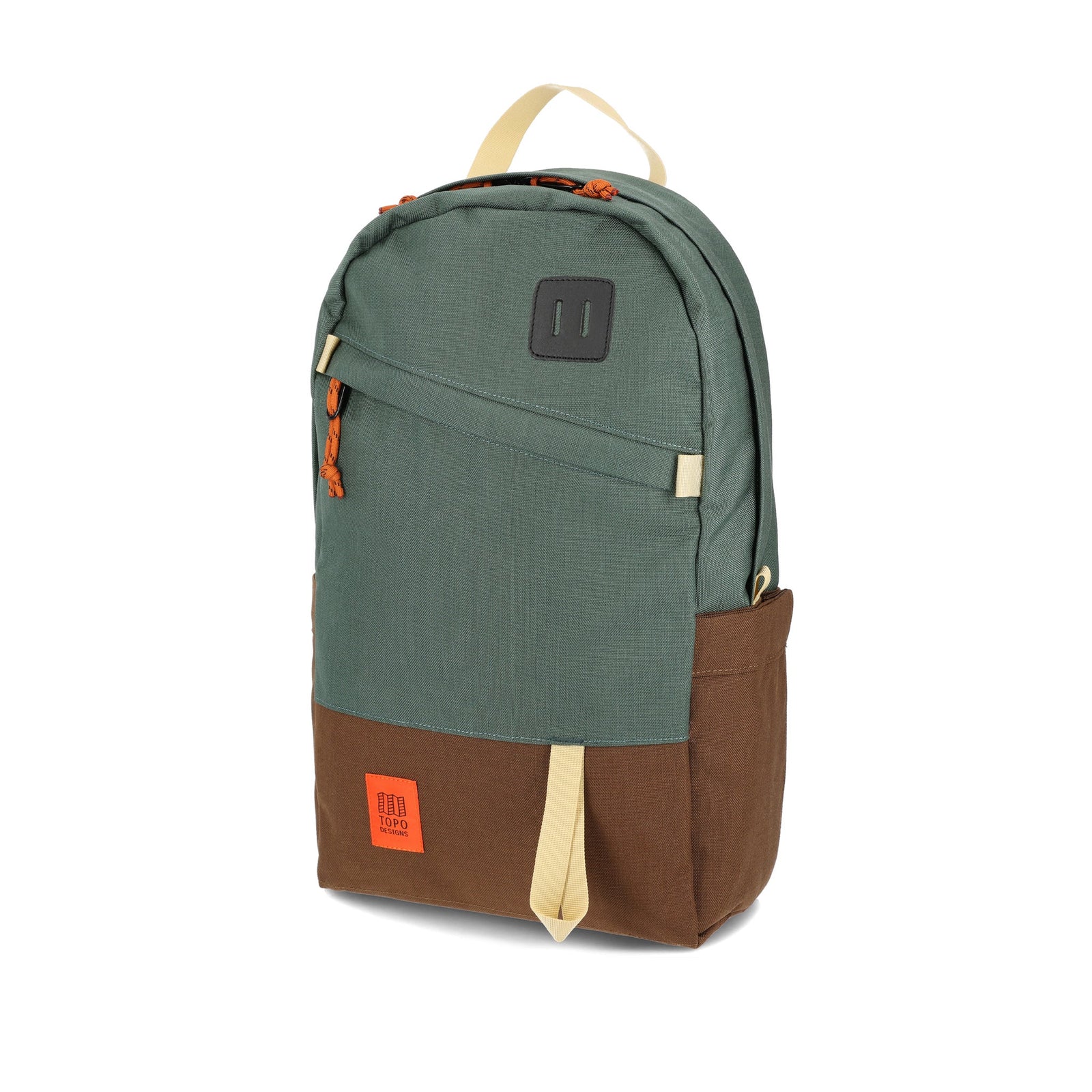 Topo Designs Daypack Classic 100% recycled nylon laptop backpack for work or school in "Forest / Cocoa" green brown