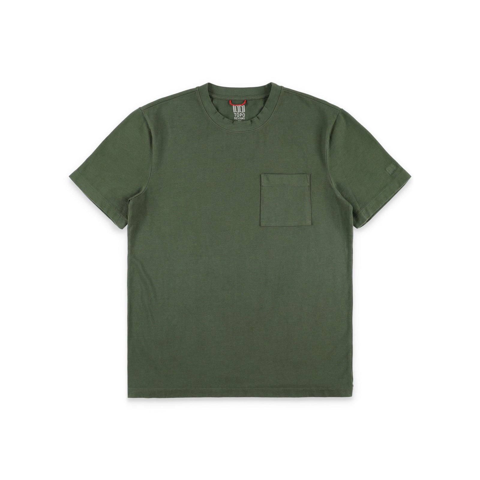 Topo Designs Men's Dirt Pocket Tee 100% organic cotton short sleeve t-shirt in "olive" green