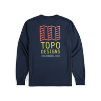Back of Topo Designs Men's Large Logo Tee 100% organic cotton long sleeve t-shirt in "navy" blue