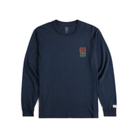 Topo Designs Men's Large Logo Tee 100% organic cotton long sleeve t-shirt in "navy" blue