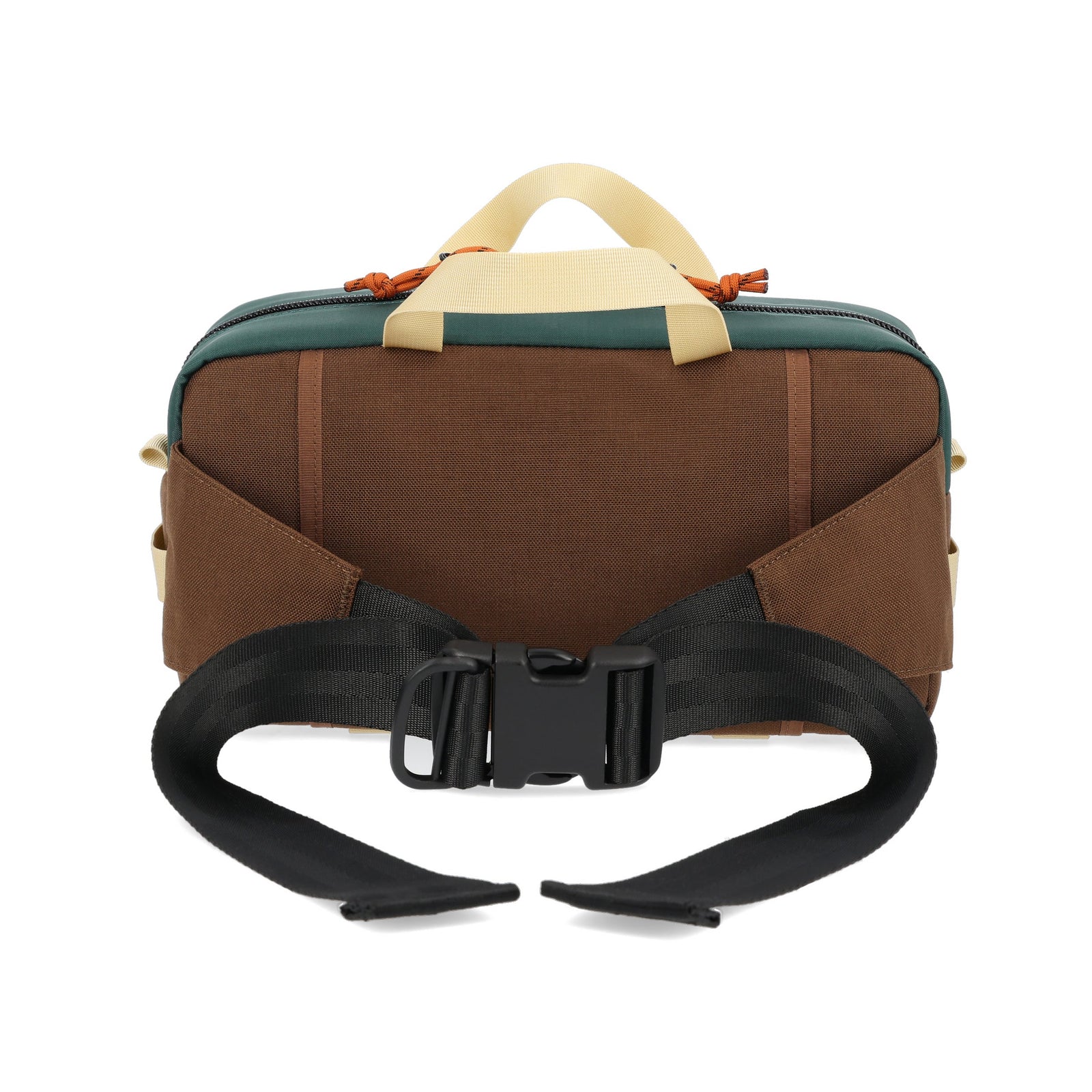 Back of Topo Designs Quick Pack hip fanny pack in "Forest / Cocoa" nylon.