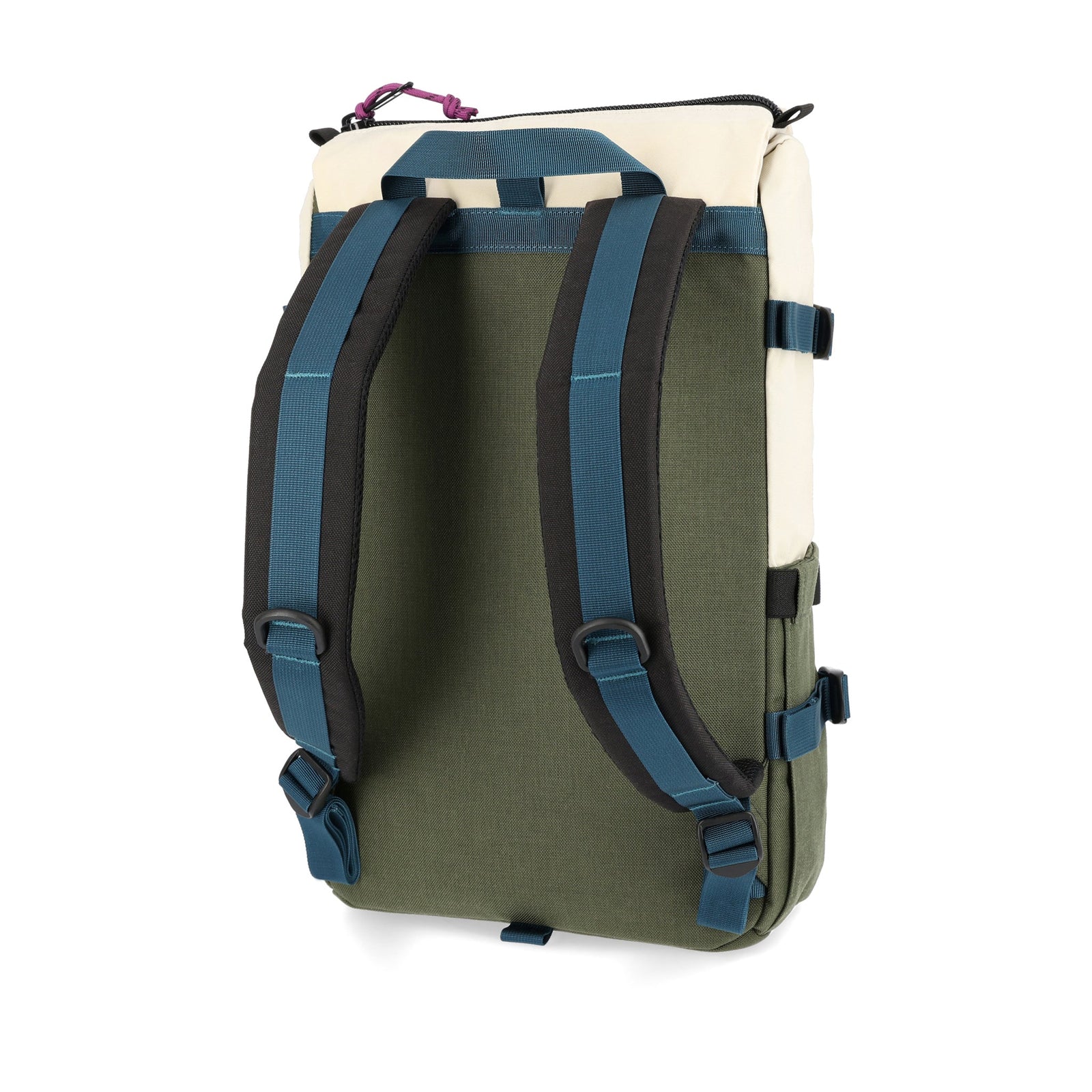 Back of Topo Designs Rover Pack Classic laptop backpack in recycled "Bone White / Olive" green.