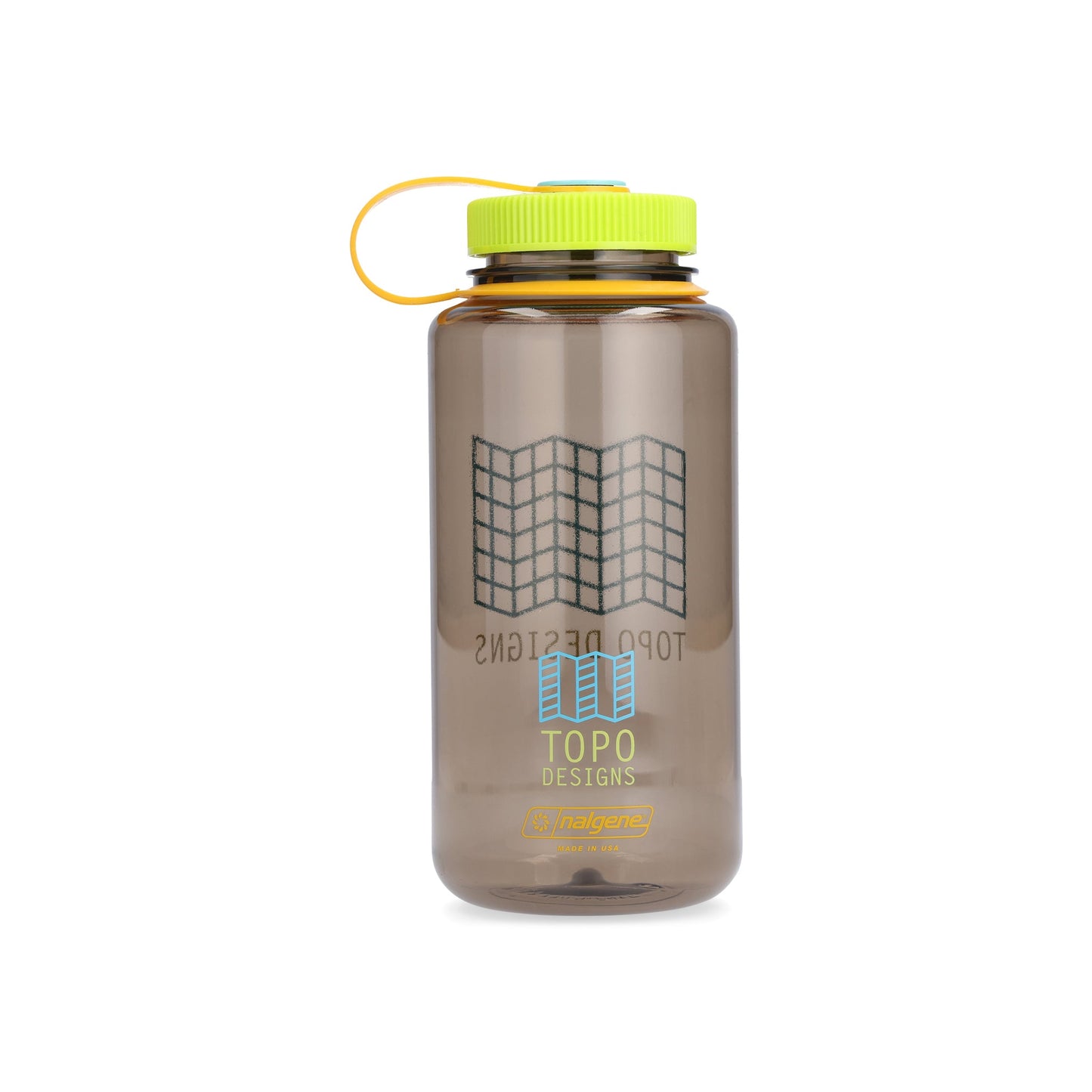 Back of Topo Designs Nalgene 32 oz Wide Mouth Water Bottle with Map Logo in "Grid Map" Woodsman brown