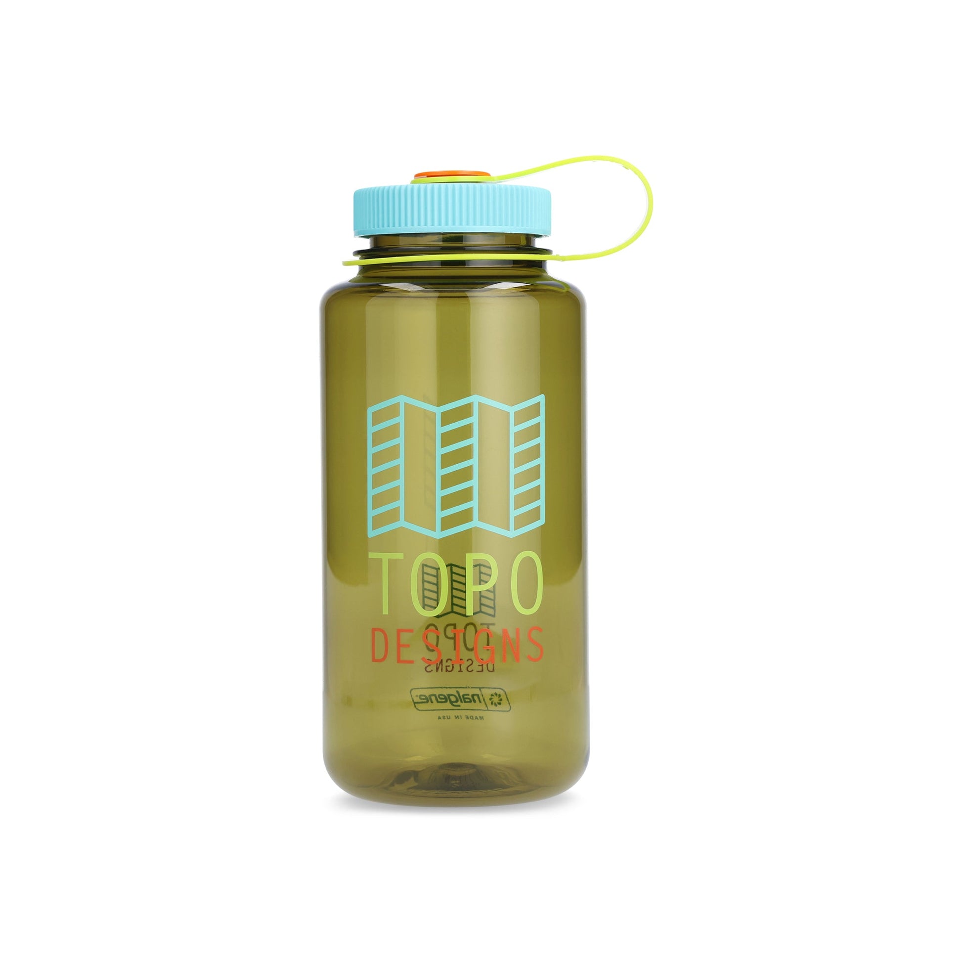 Topo Designs Nalgene 32 oz Wide Mouth Water Bottle in "Olive / Teal" with logo
