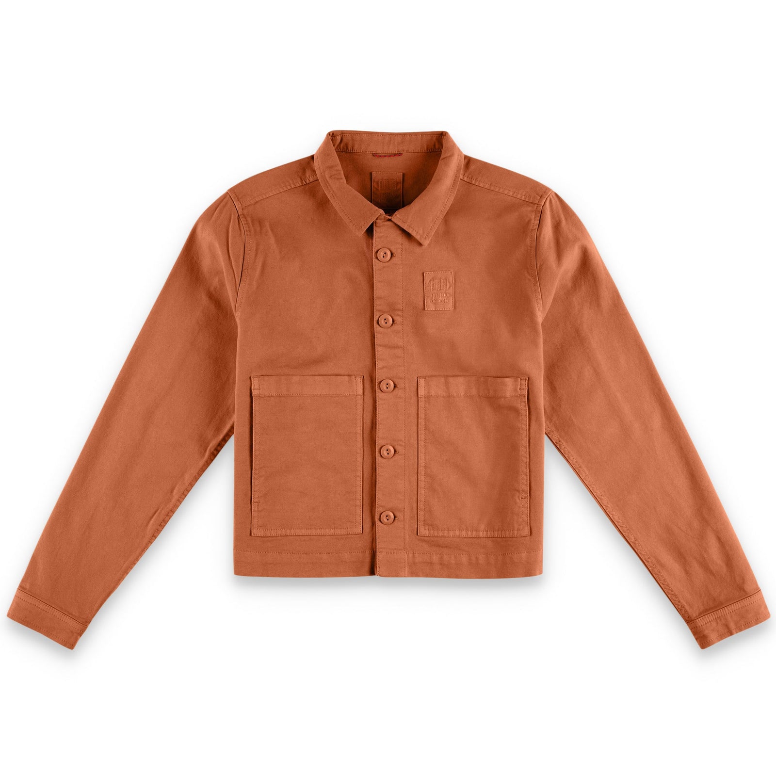 Topo Designs Women's Dirt Jacket 100% organic cotton shirt jacket in "brick" orange