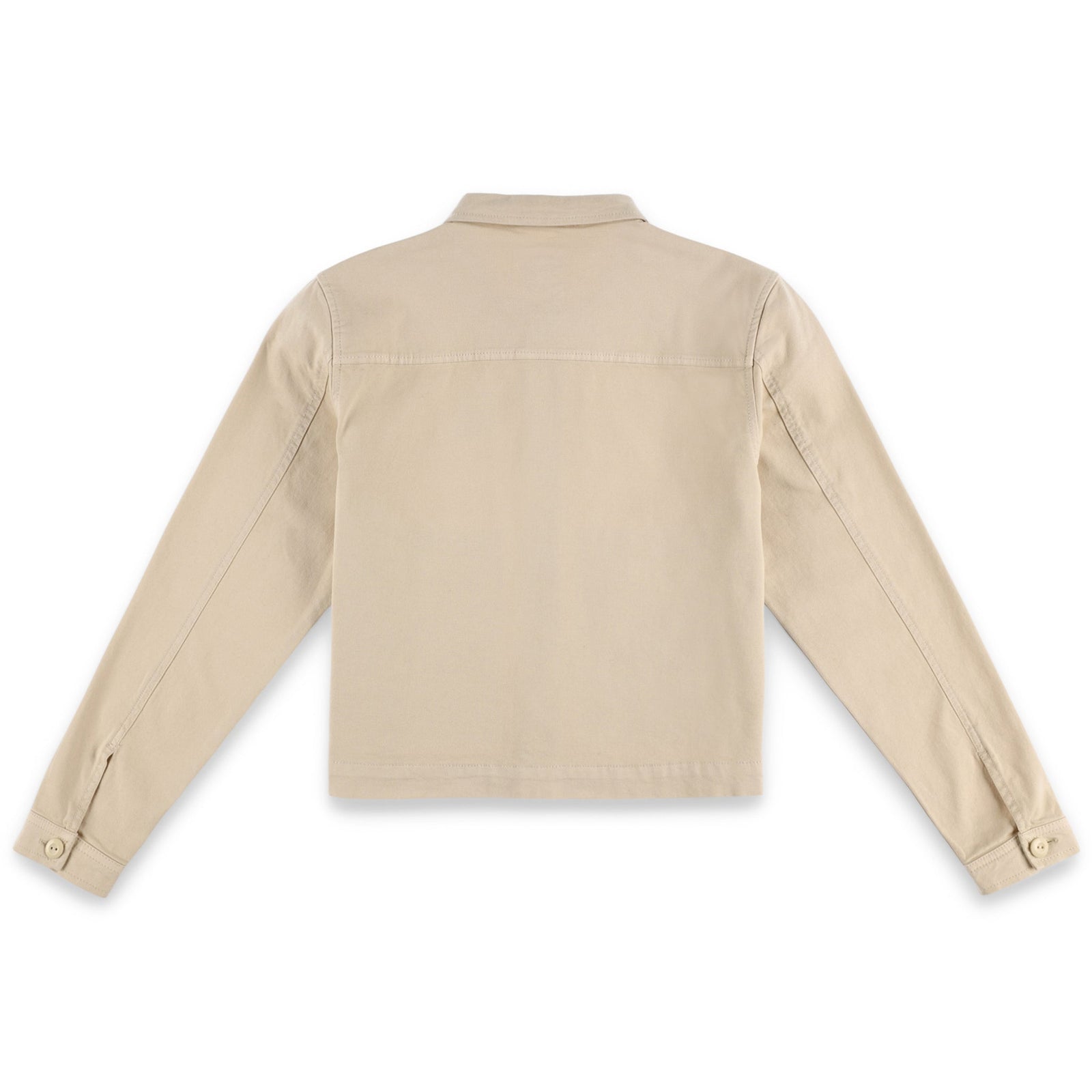 Back of Topo Designs Women's Dirt Jacket 100% organic cotton shirt jacket in "sand" brown white