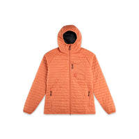 Topo Designs Women's Global Puffer recycled insulated packable Hoodie jacket in "coral" pink