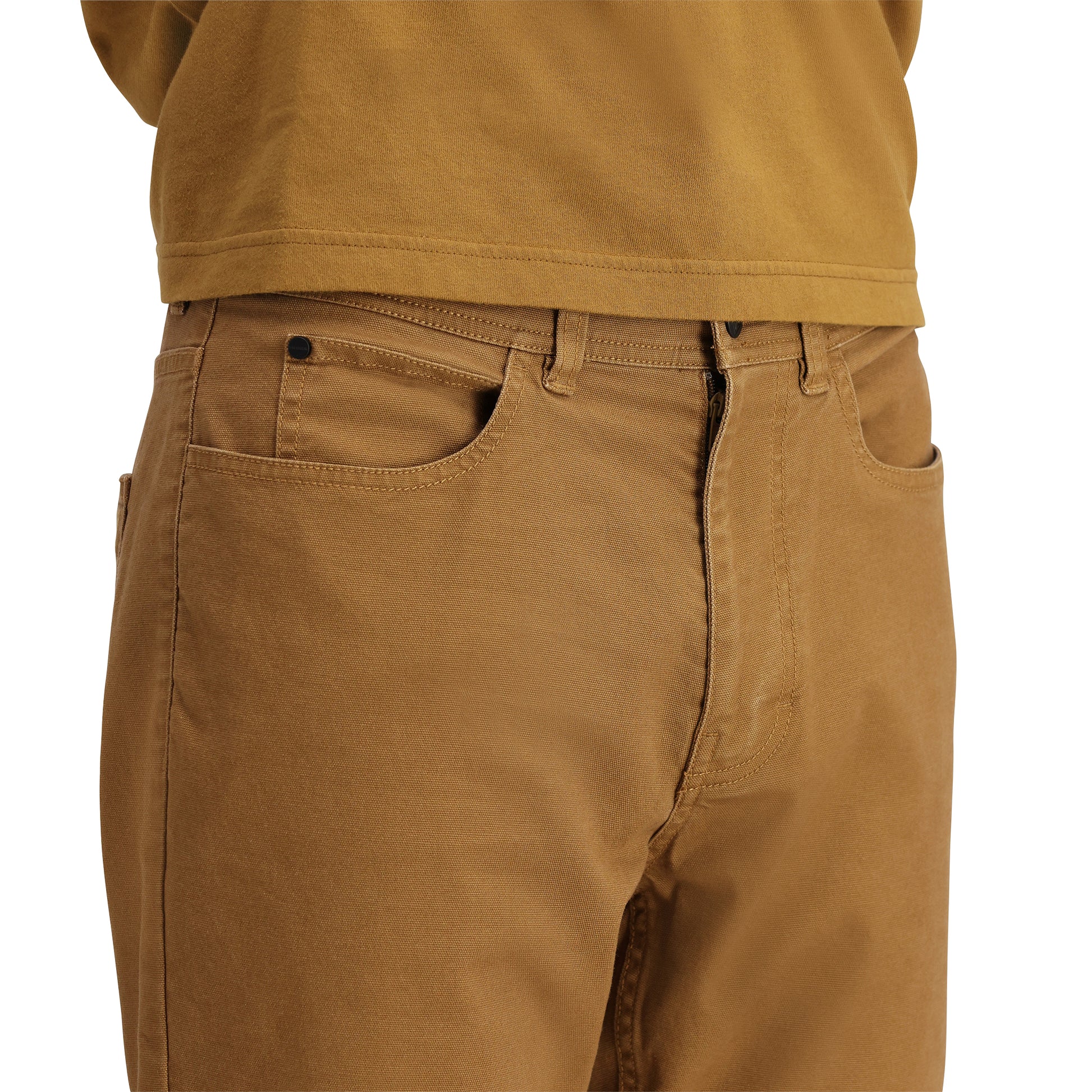 General detail shot of Topo Designs Dirt 5-Pocket Pants in "Dark Khaki"