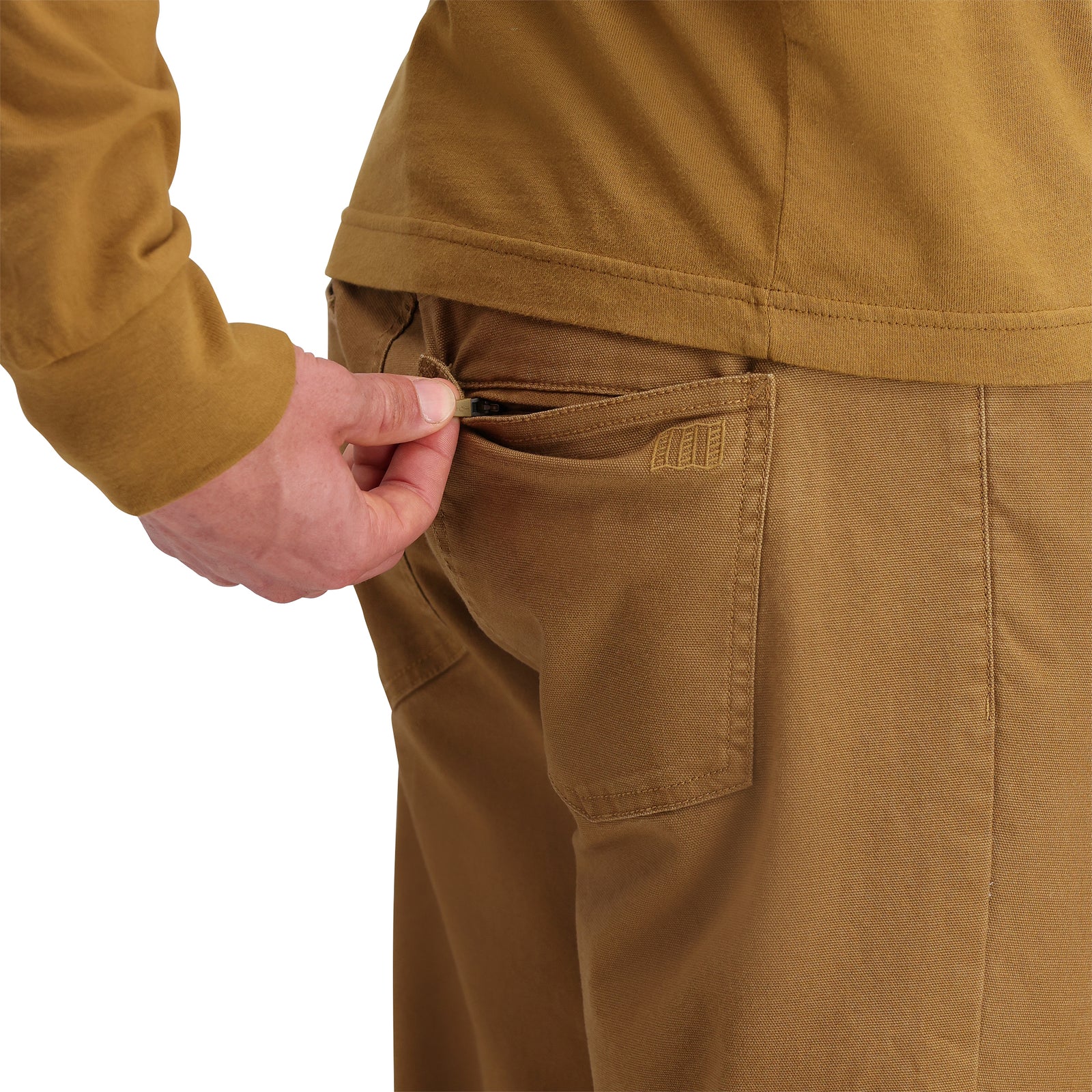 General detail shot of Topo Designs Dirt 5-Pocket Pants in "Dark Khaki"