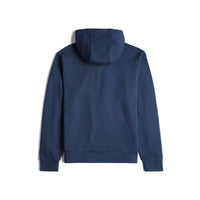 Back of Topo Designs Men's Dirt Hoodie 100% organic cotton French terry sweatshirt in "Dark Denim" blue