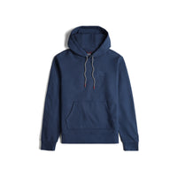 Front of Topo Designs Men's Dirt Hoodie 100% organic cotton French terry sweatshirt in "Dark Denim" blue