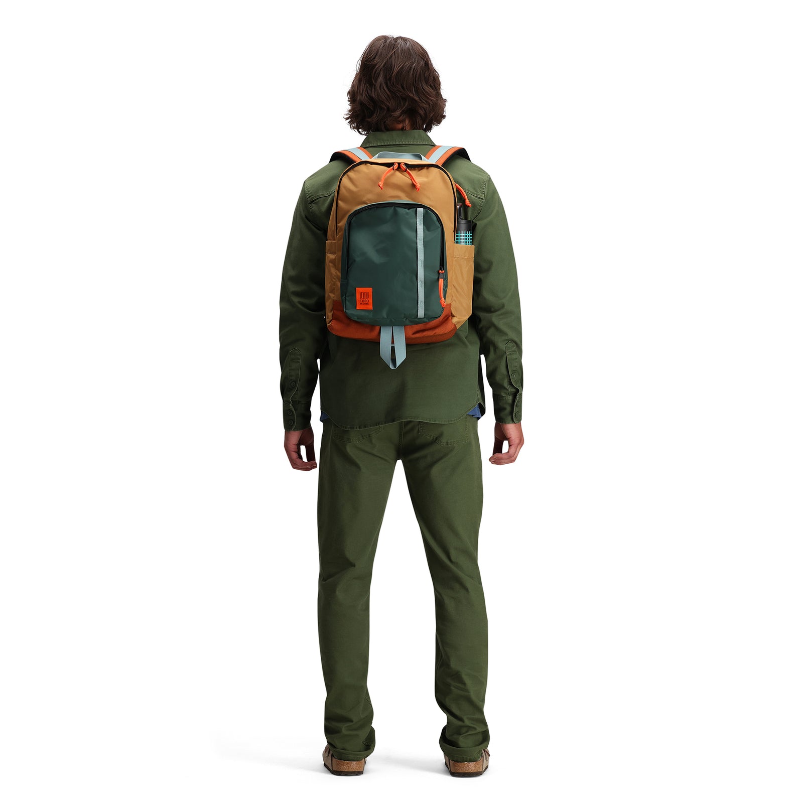 Back model shot of Topo Designs Session Pack laptop backpack in "Forest / Khaki"