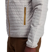 General shot of Topo Designs Men's Global Puffer packable recycled insulated Hoodie jacket in "light gray"