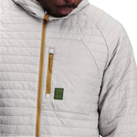 General shot of Topo Designs Men's Global Puffer packable recycled insulated Hoodie jacket in "light gray"