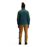 General shot of M Mountain Fleece Pullover in "Forest / Pond Blue"