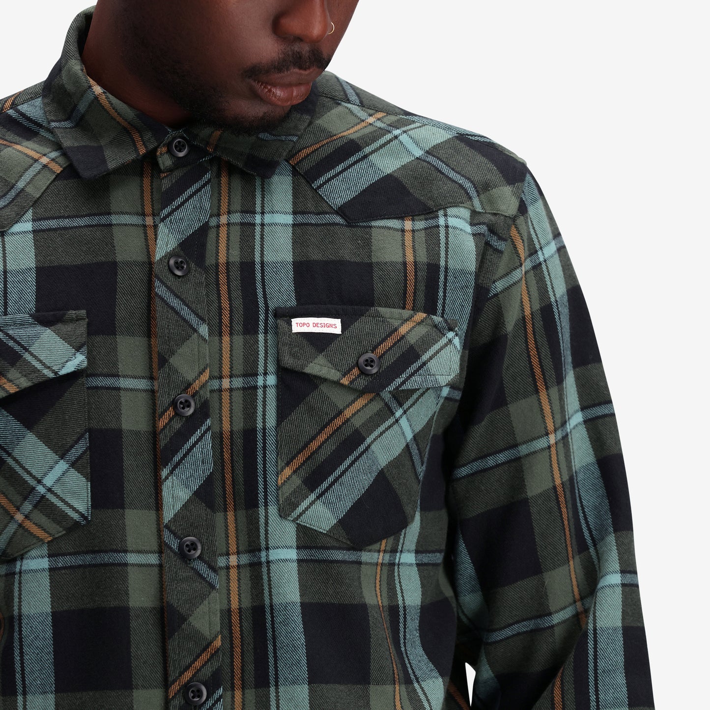 General shot of M Mountain Shirt Plaid "Olive Multi"