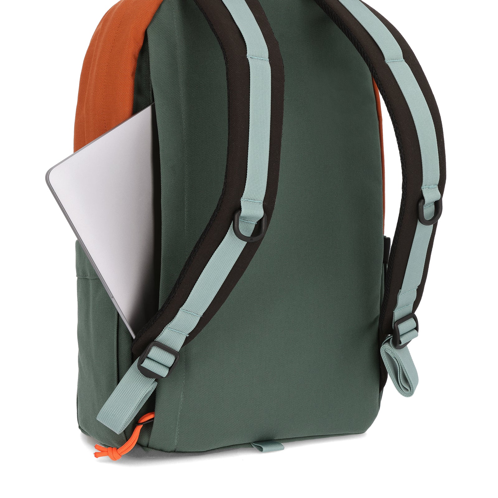 General shot Topo Designs Daypack Classic 100% recycled nylon laptop backpack for work or school in "Khaki / Forest / Clay".