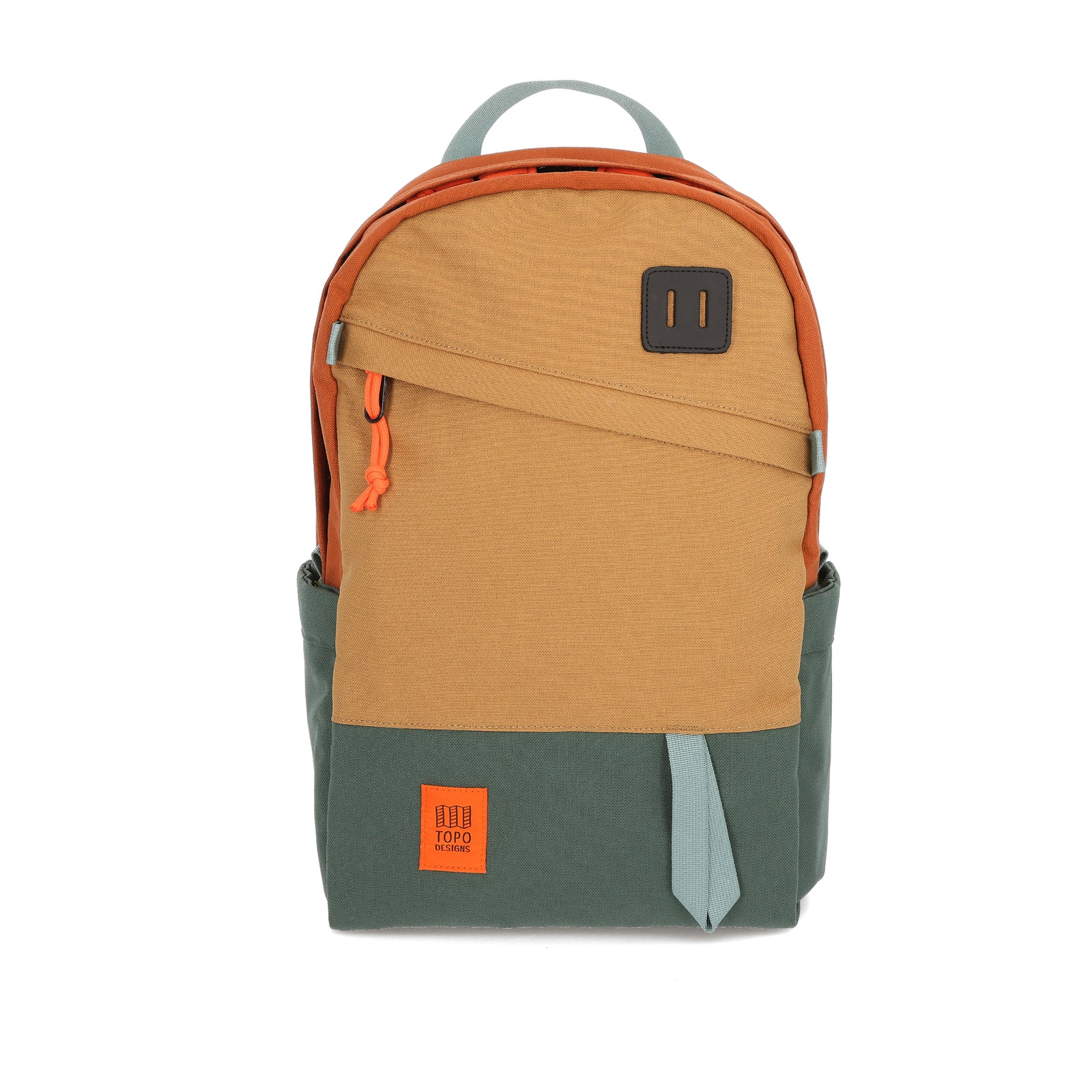 Topo Designs Daypack Classic 100% recycled nylon laptop backpack for work or school in "Khaki / Forest / Clay".