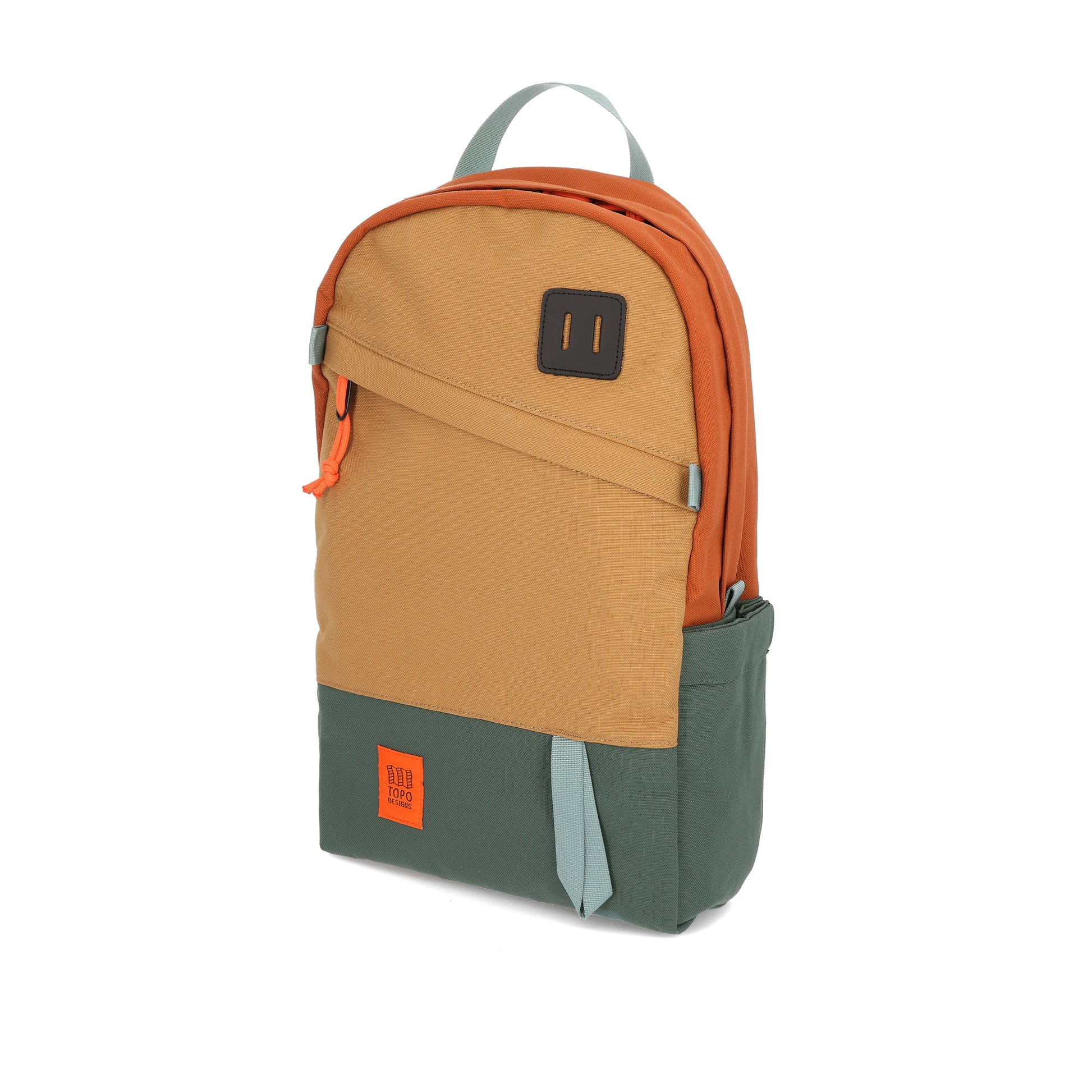 Topo Designs Daypack Classic 100% recycled nylon laptop backpack for work or school in "Khaki / Forest / Clay".