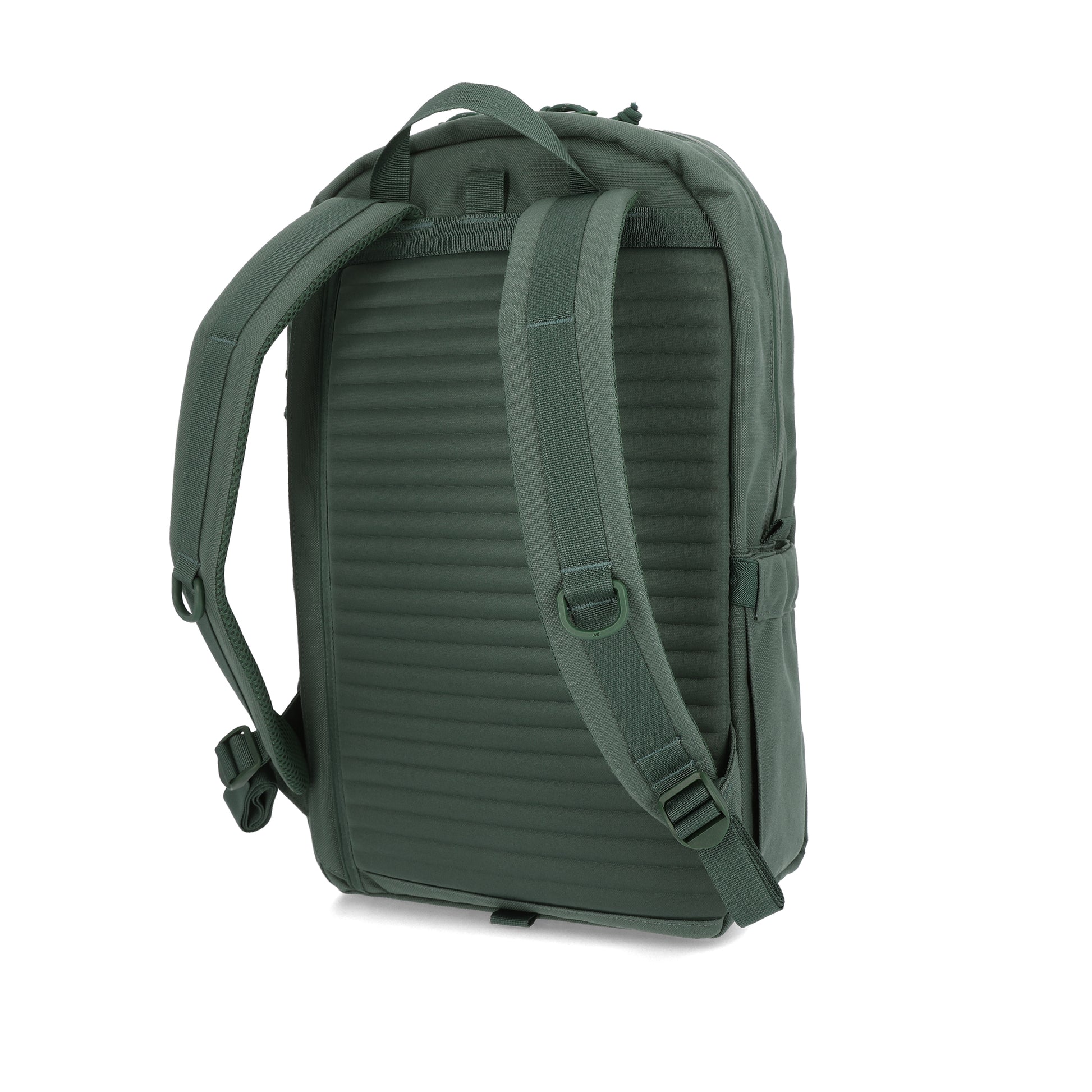 Topo Designs Daypack Tech 100% recycled nylon backpack with external laptop access in "Forest" green.