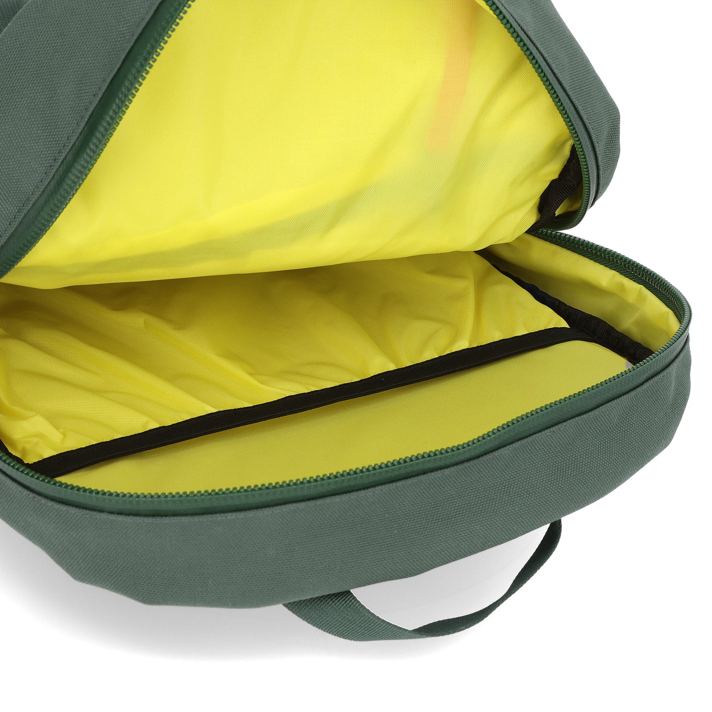 Topo Designs Daypack Tech 100% recycled nylon backpack with external laptop access in "Forest" green.