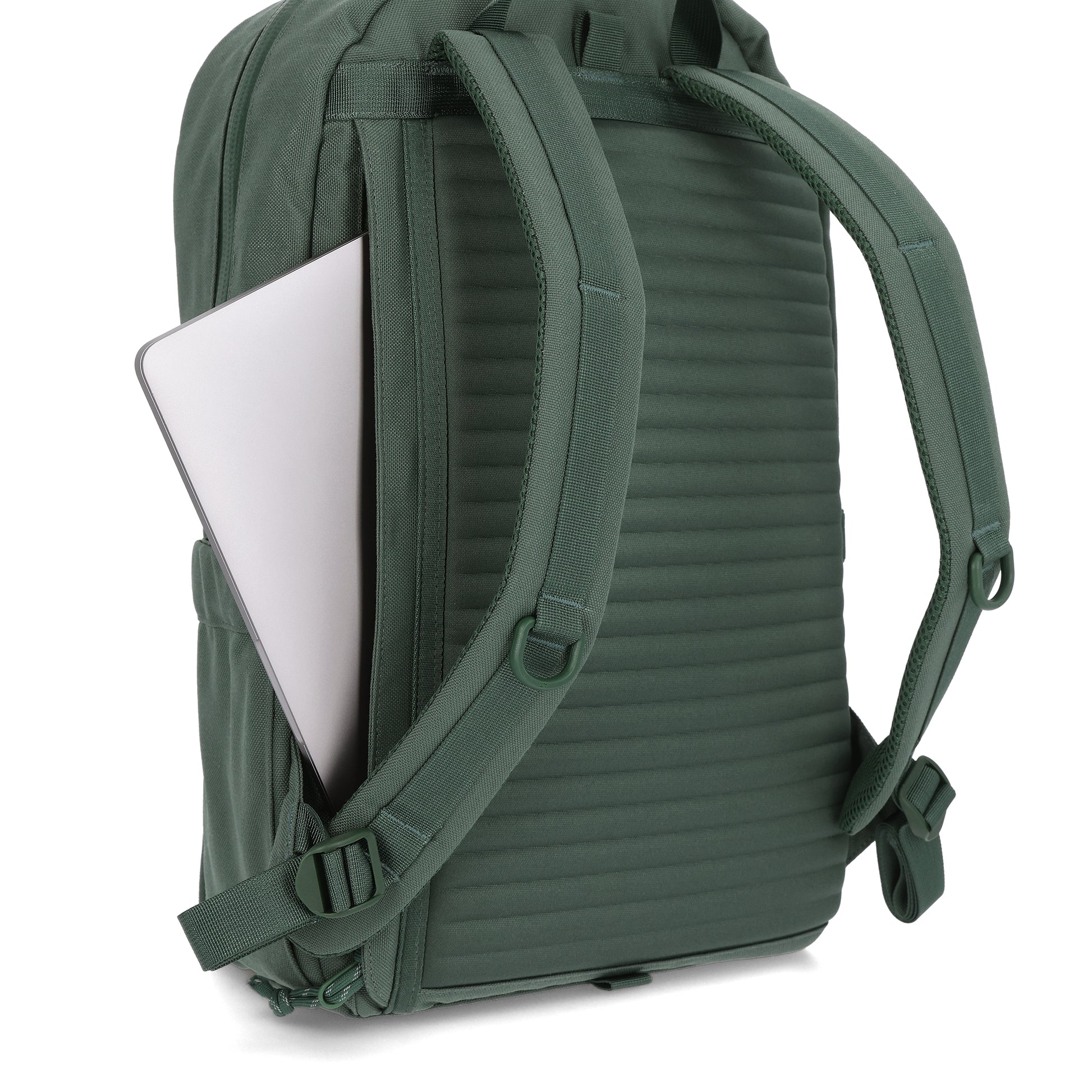 general shot Topo Designs Daypack Tech 100% recycled nylon backpack with external laptop access in "Forest" green.