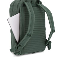 general shot Topo Designs Daypack Tech 100% recycled nylon backpack with external laptop access in "Forest" green.