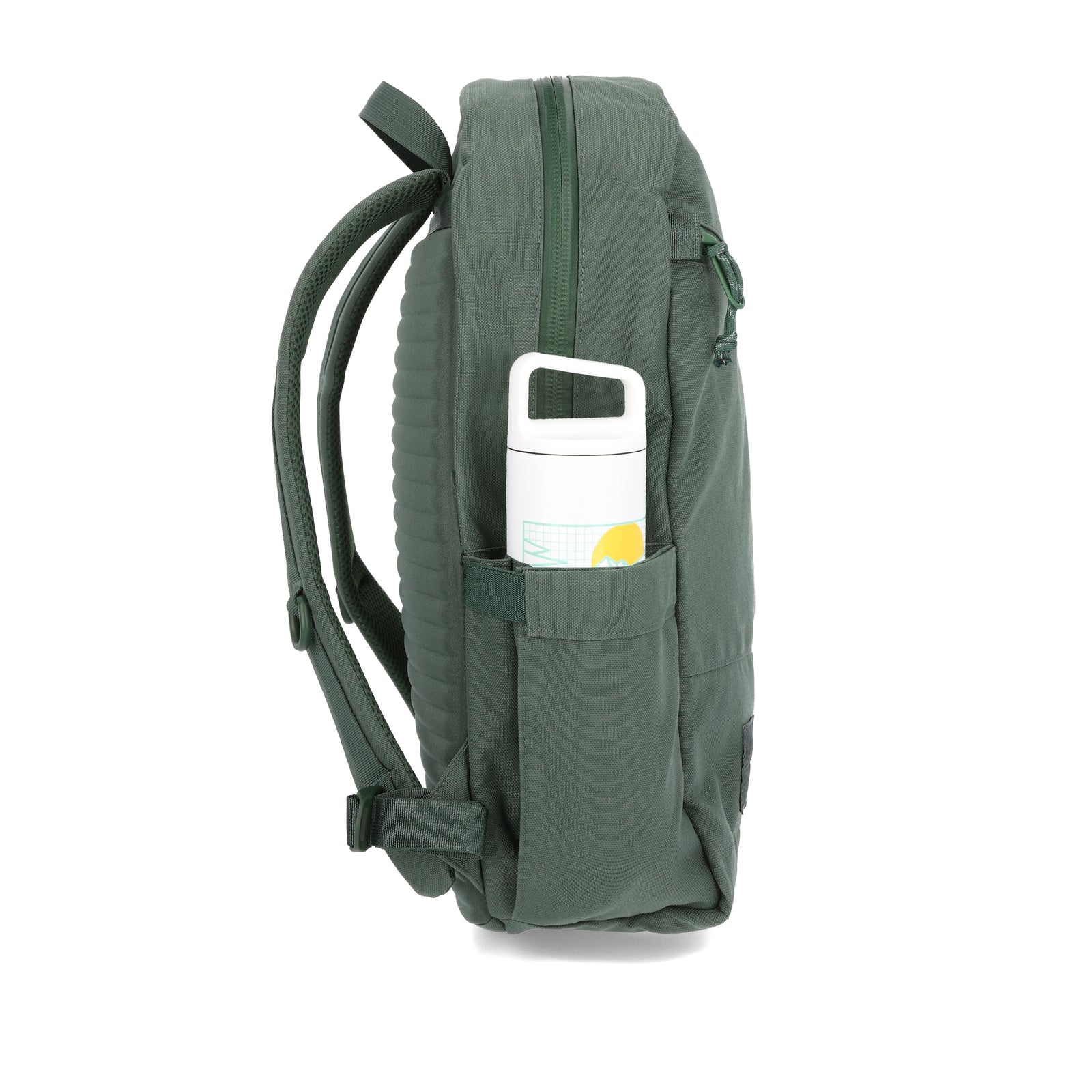 General shot Topo Designs Daypack Tech 100% recycled nylon backpack with external laptop access in "Forest" green.