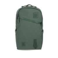 Topo Designs Daypack Tech 100% recycled nylon backpack with external laptop access in "Forest" green.