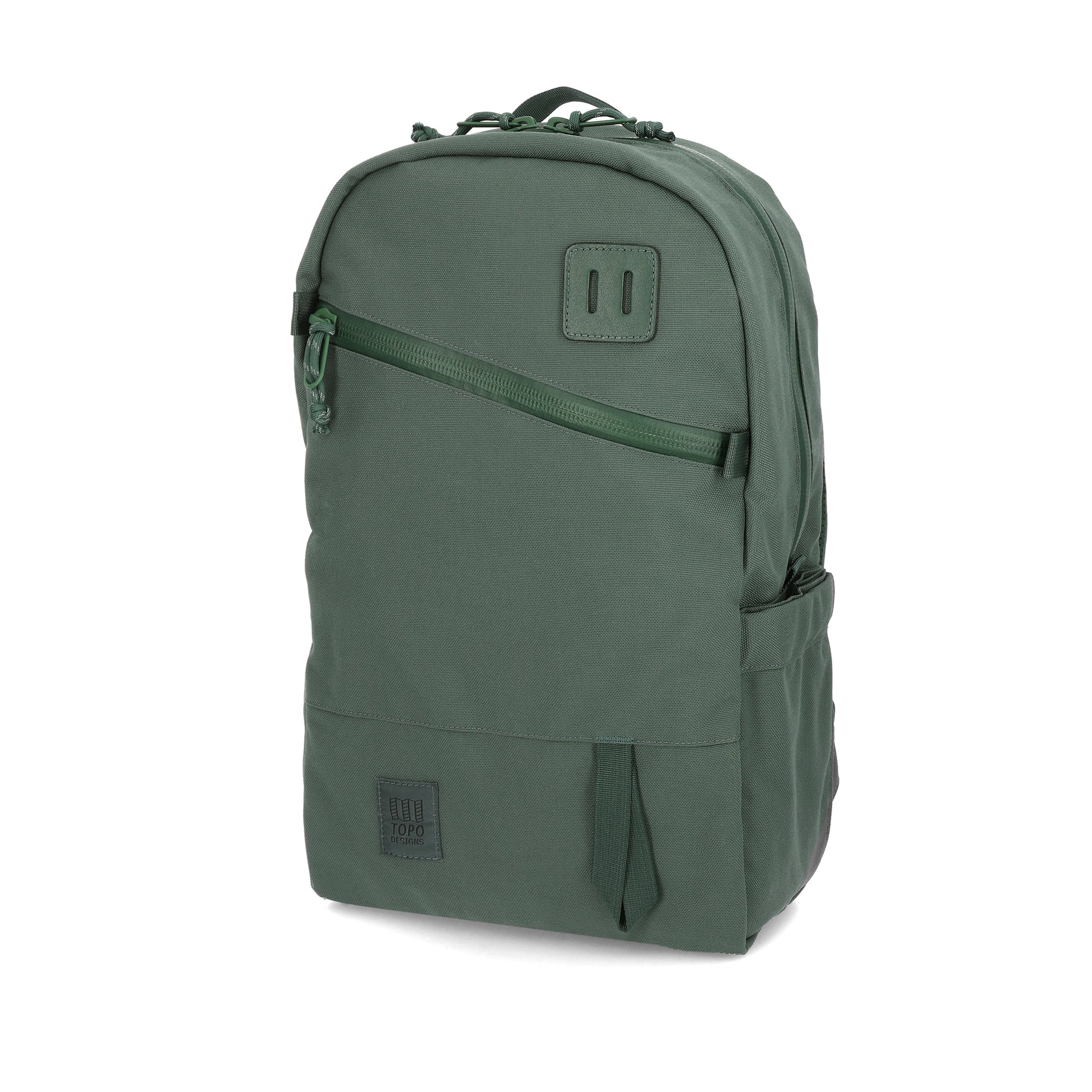 Topo Designs Daypack Tech 100% recycled nylon backpack with external laptop access in "Forest" green.