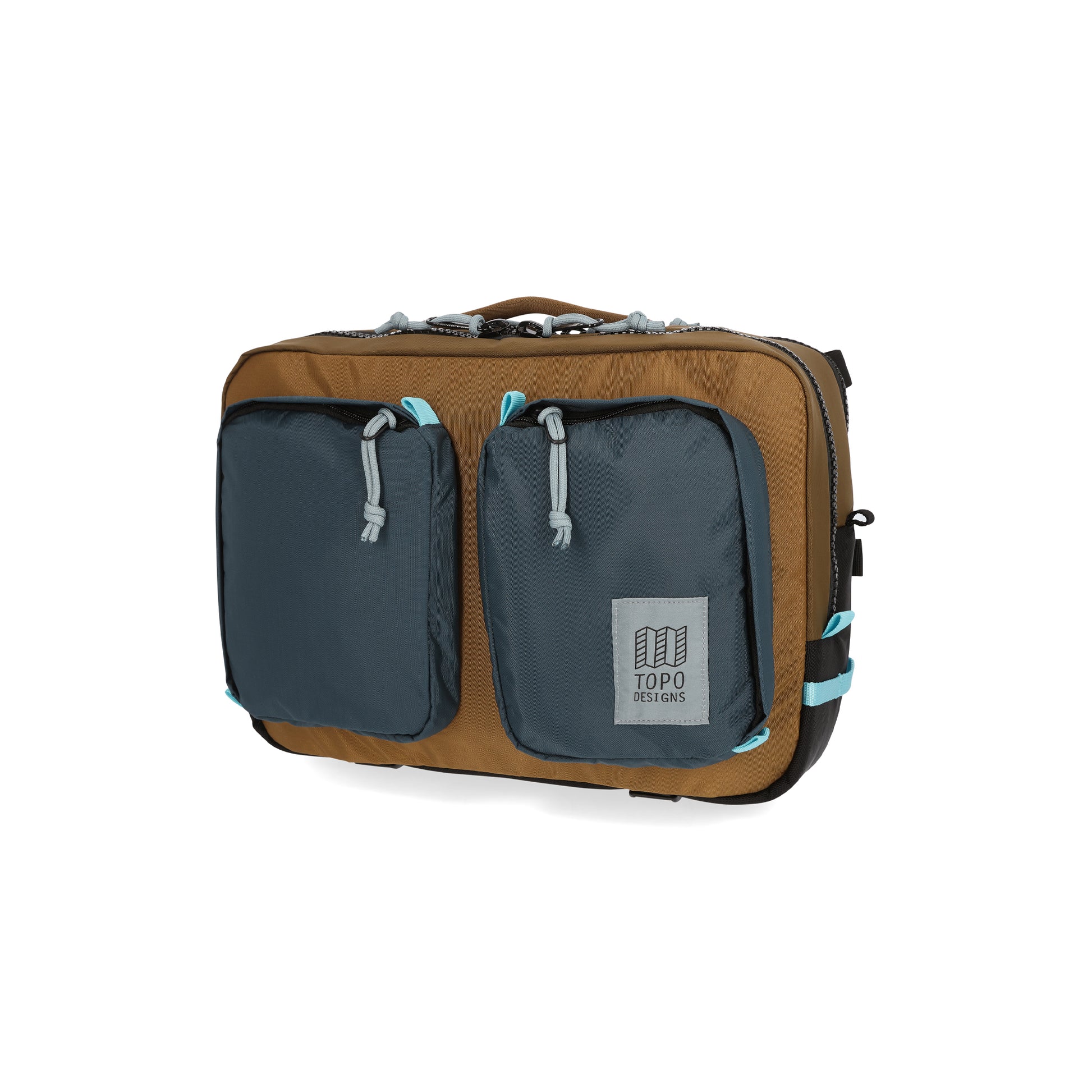 Topo Designs Global Briefcase convertible laptop travel backpack in recycled "Desert Palm / Pond Blue" nylon.