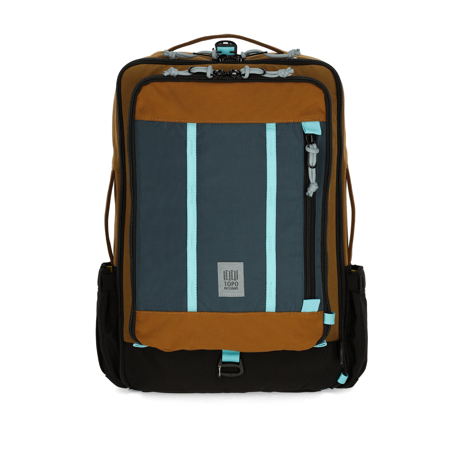 Topo Designs Global Travel Bag 30L Durable Carry On Convertible Laptop Travel Backpack in "Desert Palm / Pond Blue".