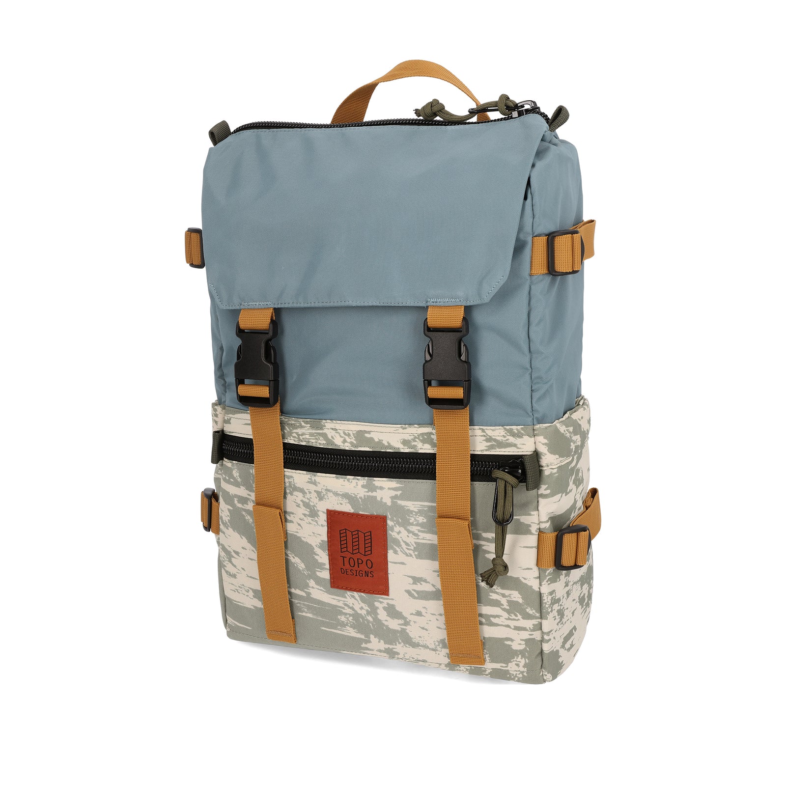 Topo Designs Rover Pack Classic laptop backpack in "Goblin Blue / Sand Multi".