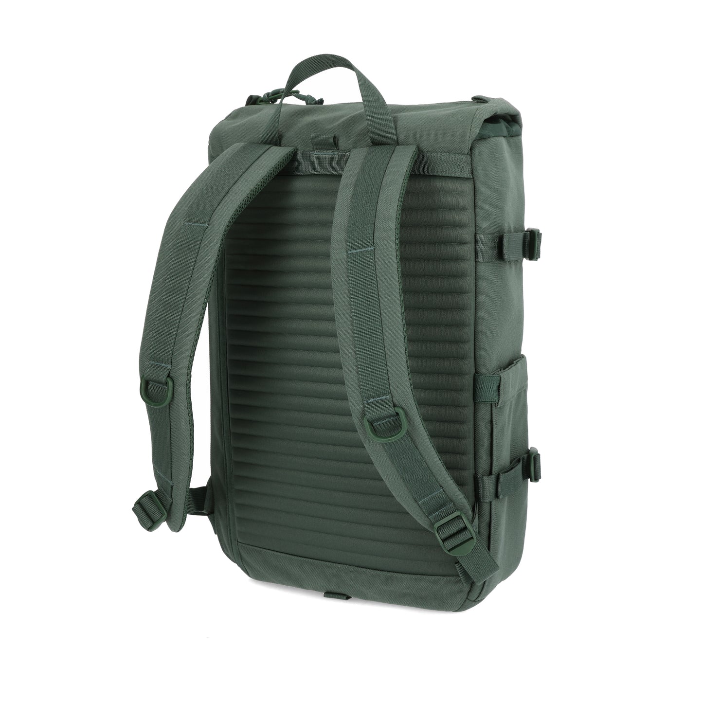 3/4 Back Detail Shot of the Topo Designs Rover Pack Tech in "Forest" green showing RidgeBack™️ back panel and backpack straps