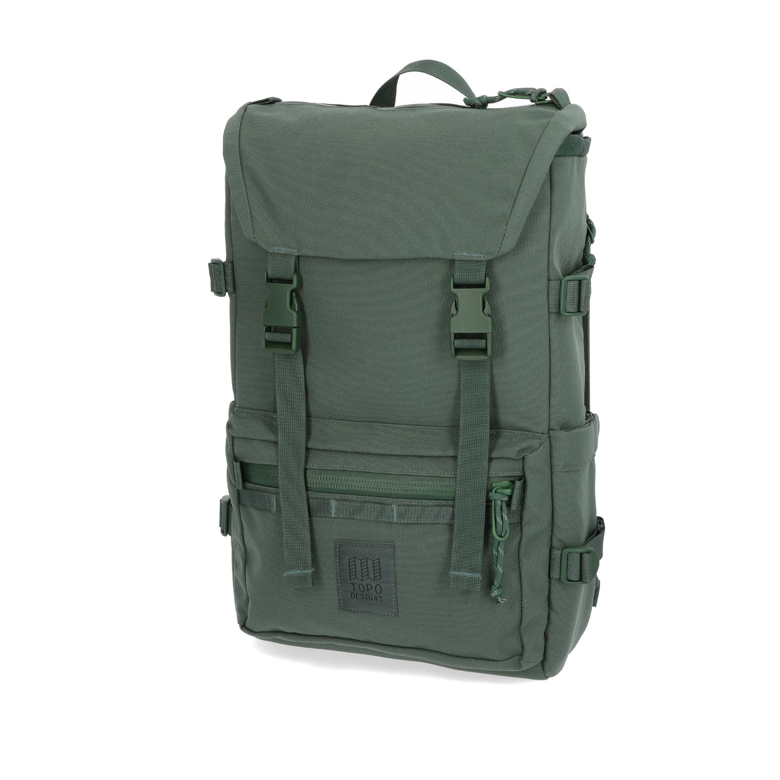 3/4 Front Product Shot of the Topo Designs Rover Pack Tech in "Forest" green.