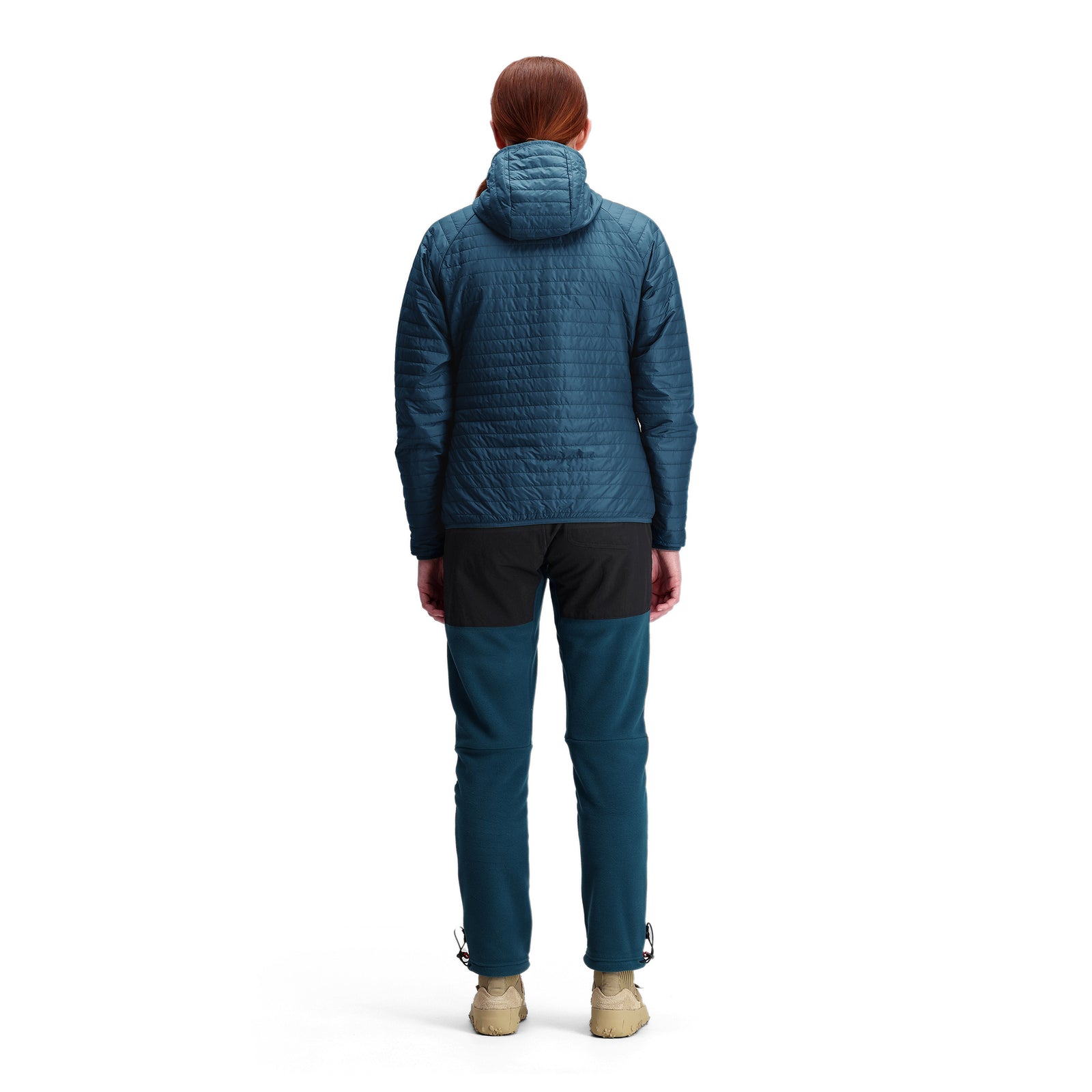 General shot of Topo Designs Women's Global Puffer recycled insulated packable Hoodie jacket in "pond blue"