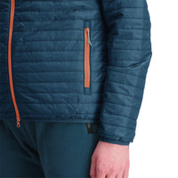 General shot of Topo Designs Women's Global Puffer recycled insulated packable Hoodie jacket in "pond blue"