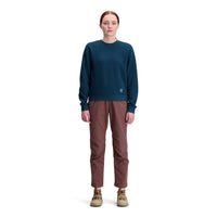 General shot of Topo Designs Women's Global Sweater recycled Italian wool crewneck pullover in "pond blue"