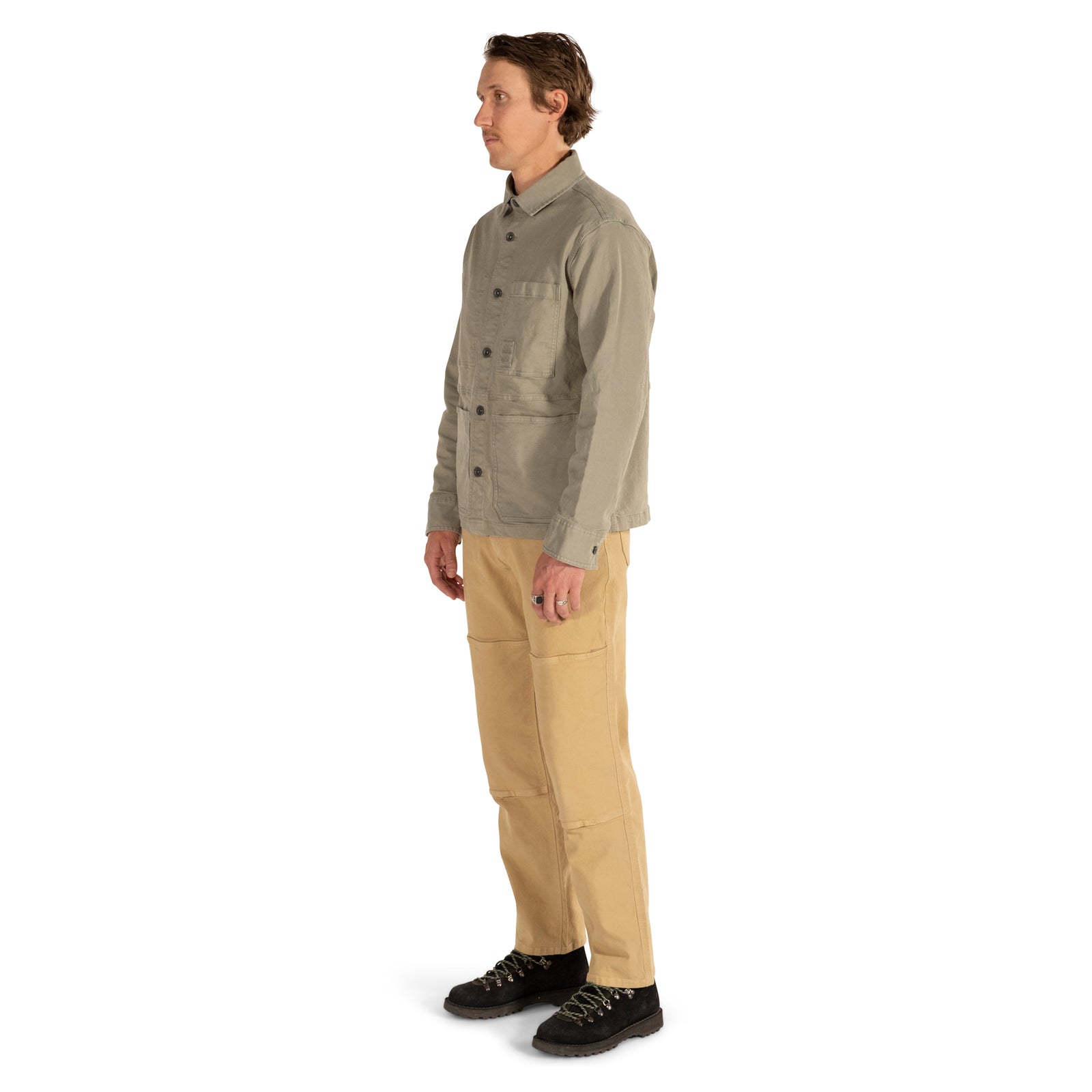 General side model shot of Topo Designs Dirt Utility Jacket - Men's  in "Dried Sage"