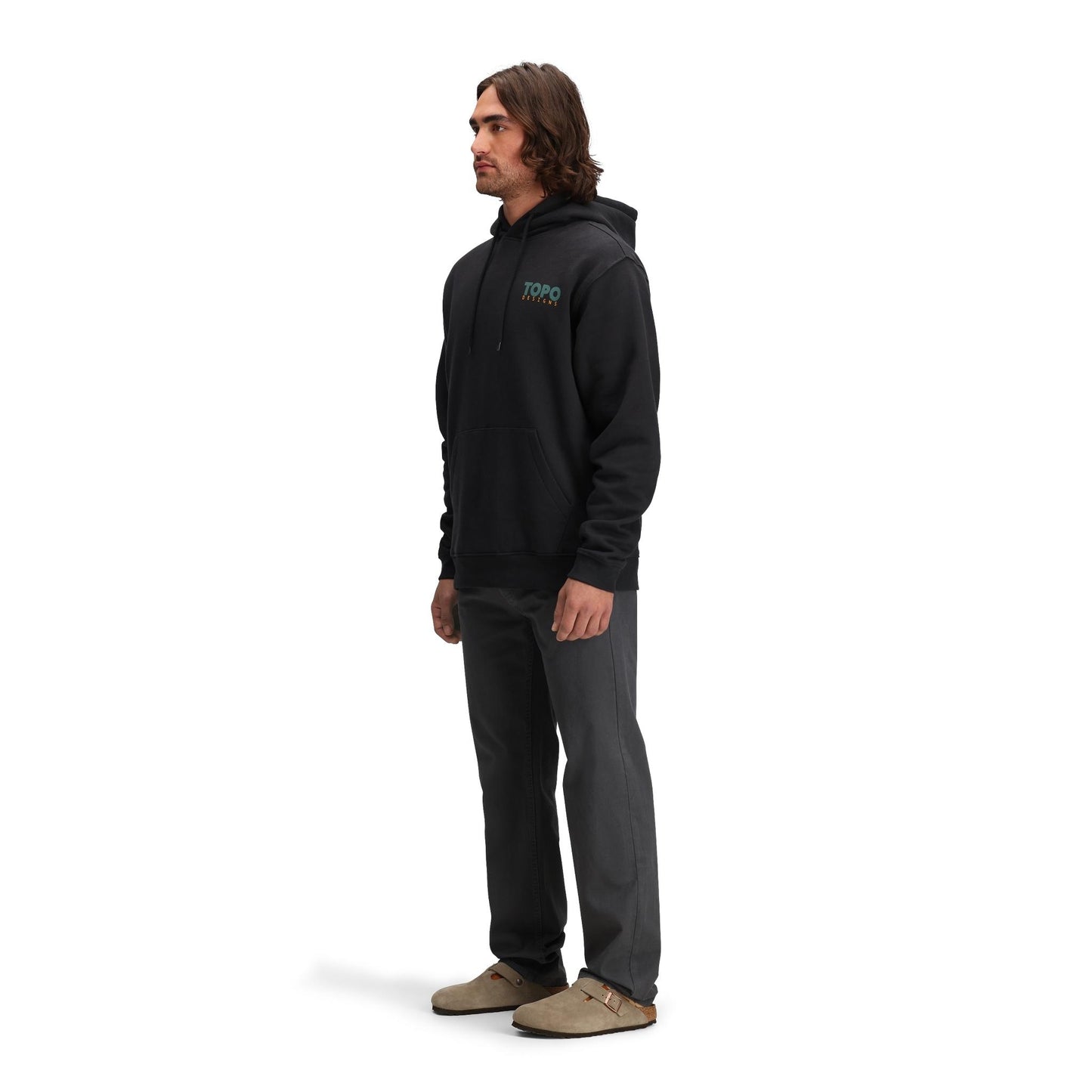 General side model shot of Topo Designs Dirt 5-Pocket Pants - Men's in "Asphalt"