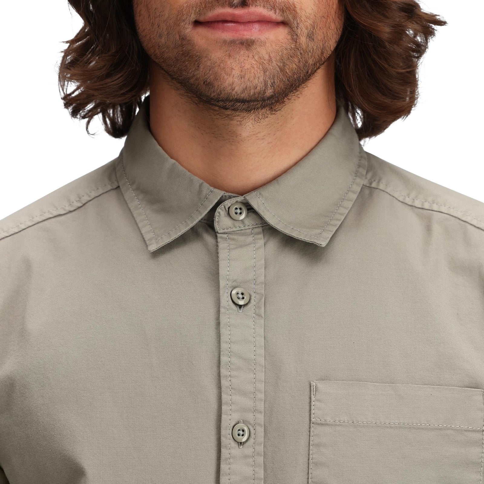 Detail shot of Topo Designs Dirt Desert Shirt - Men's in "Dried Sage"