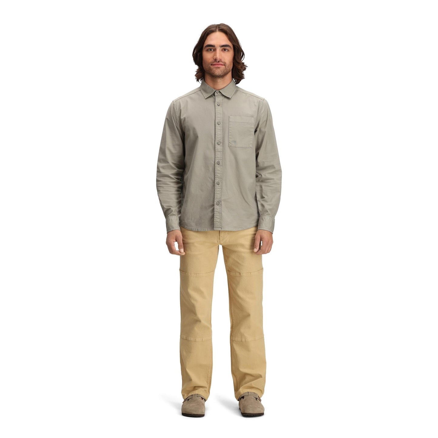 General front model shot of Topo Designs Dirt Desert Shirt - Men's in "Dried Sage"