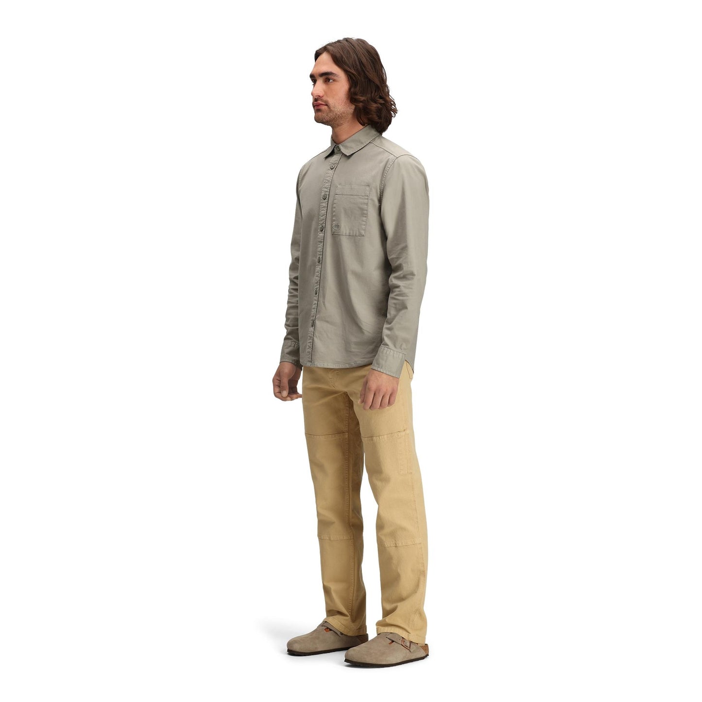 General side model shot of Topo Designs Dirt Desert Shirt - Men's in "Dried Sage"