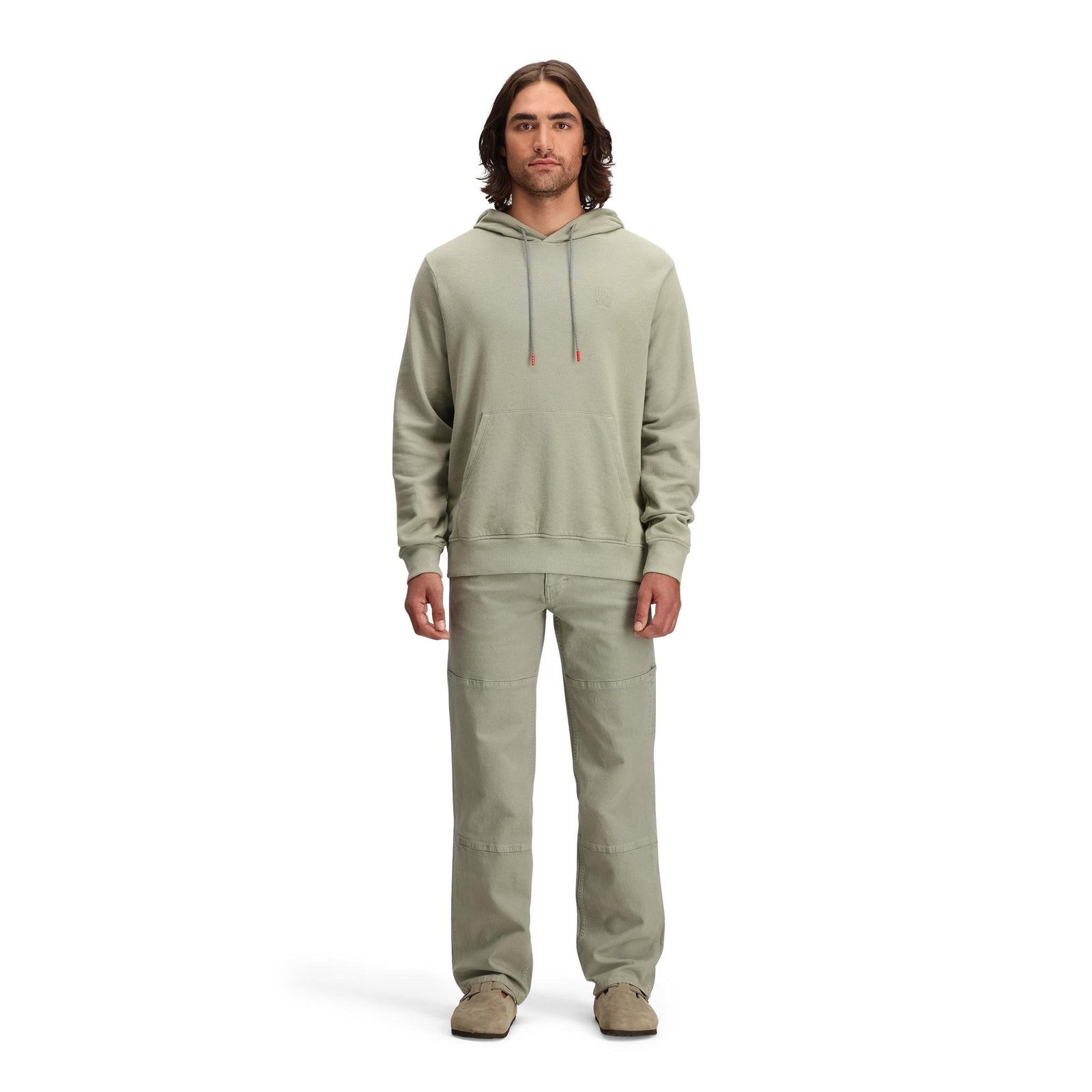 General front model shot of Topo Designs Dirt Hoodie - Men's in "Dried Sage"