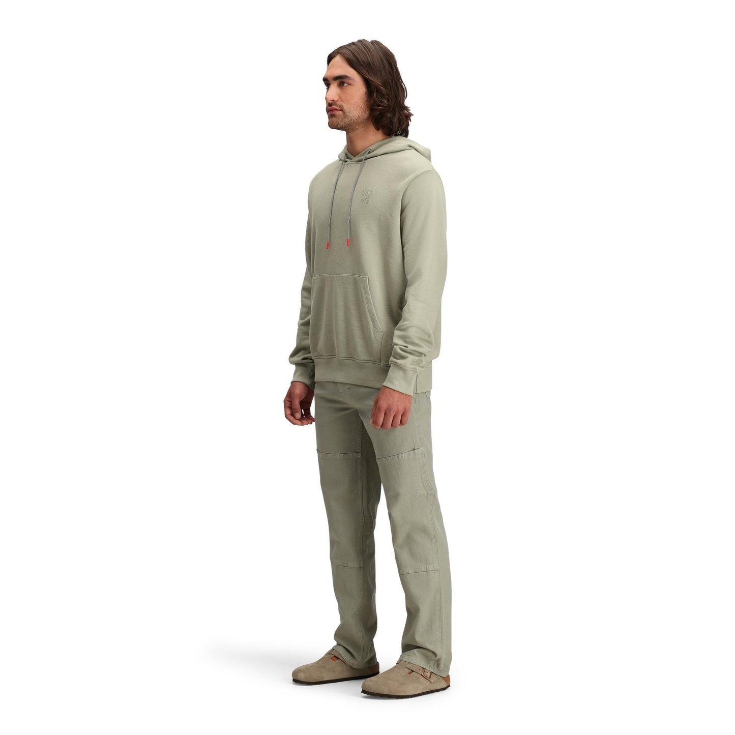 General side model shot of Topo Designs Dirt Hoodie - Men's in "Dried Sage"