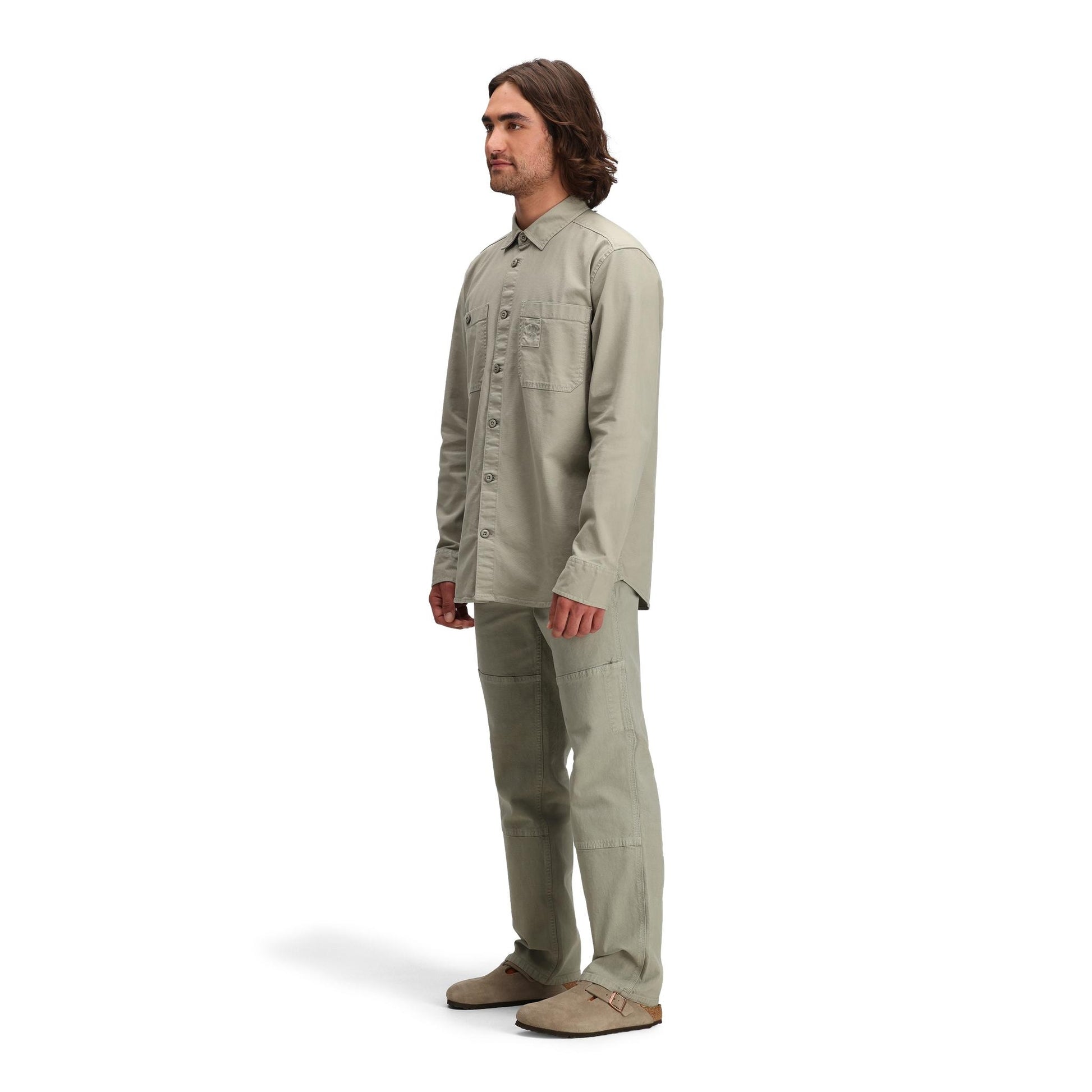 General side model shot of Topo Designs Dirt Overshirt - Men's  in "Dried Sage"