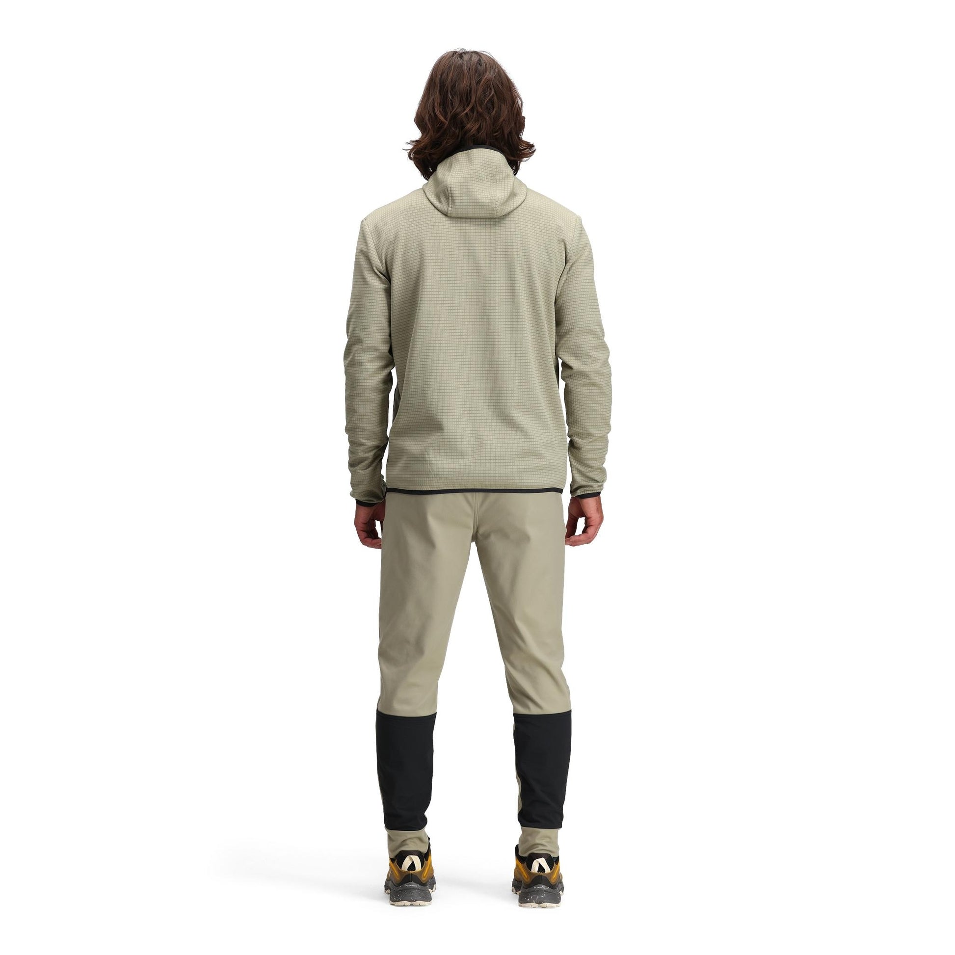 General back model shot of Topo Designs Global Midlayer Hoodie - Men's in "Dried Sage"